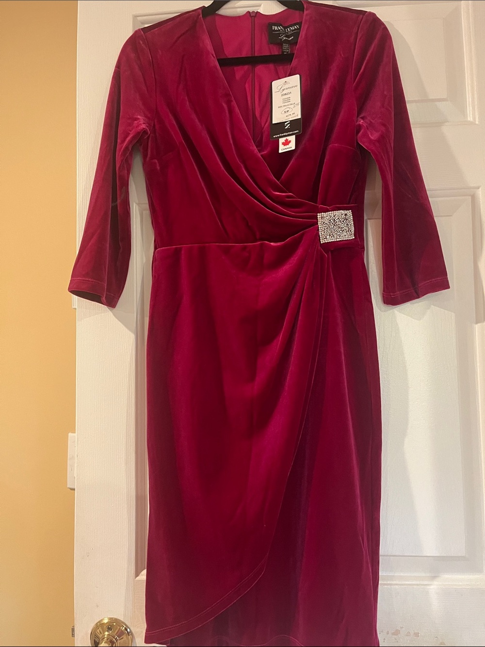 Frank Lyman Deep Raspberry Velvet Wrap Dress with Rhinestone Accent